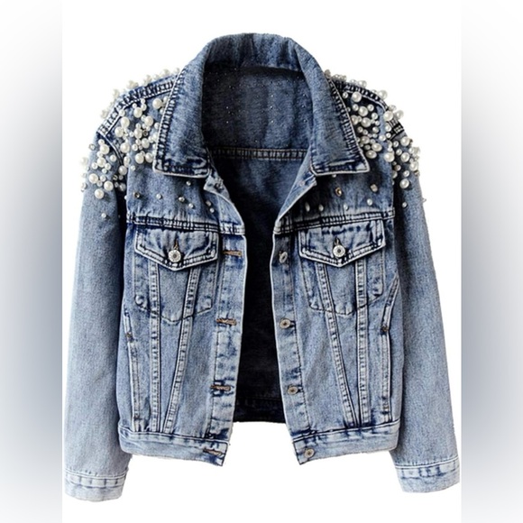 π Distressed denim jacket with pearls and rhinestones π - Picture 2 of 10